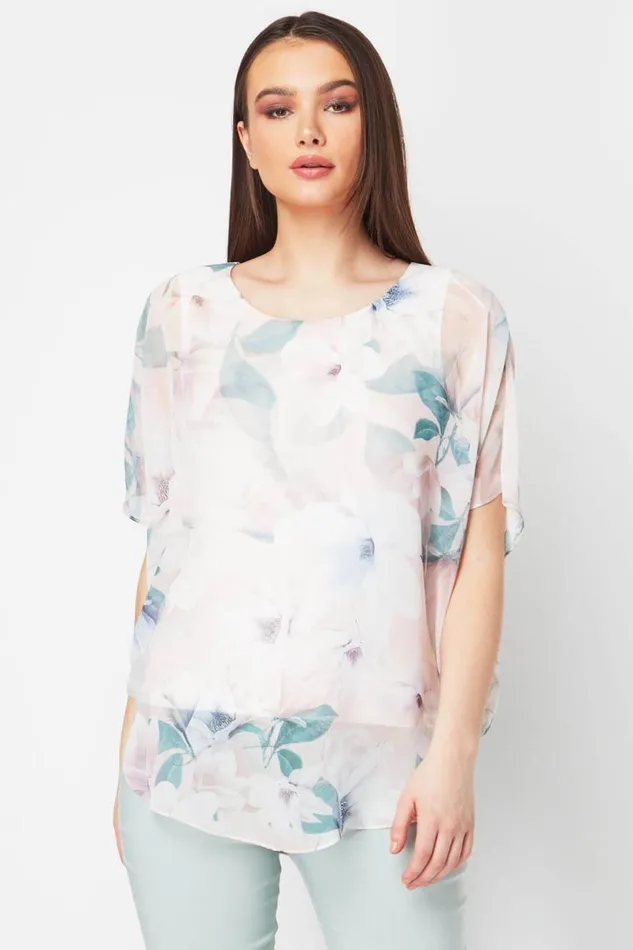 Light Pink Floral Chiffon Overlay Top Women Roman Tops