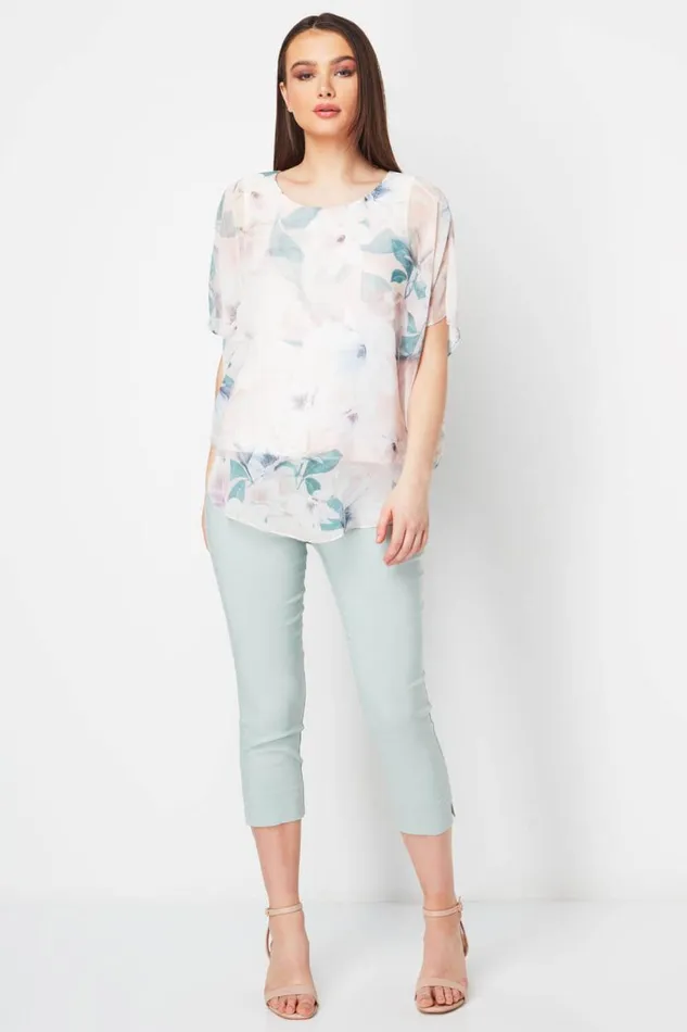 Light Pink Floral Chiffon Overlay Top Women Roman Tops