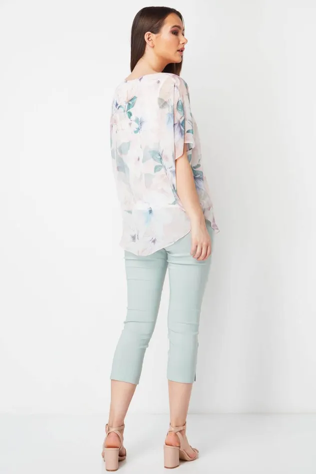 Light Pink Floral Chiffon Overlay Top Women Roman Tops