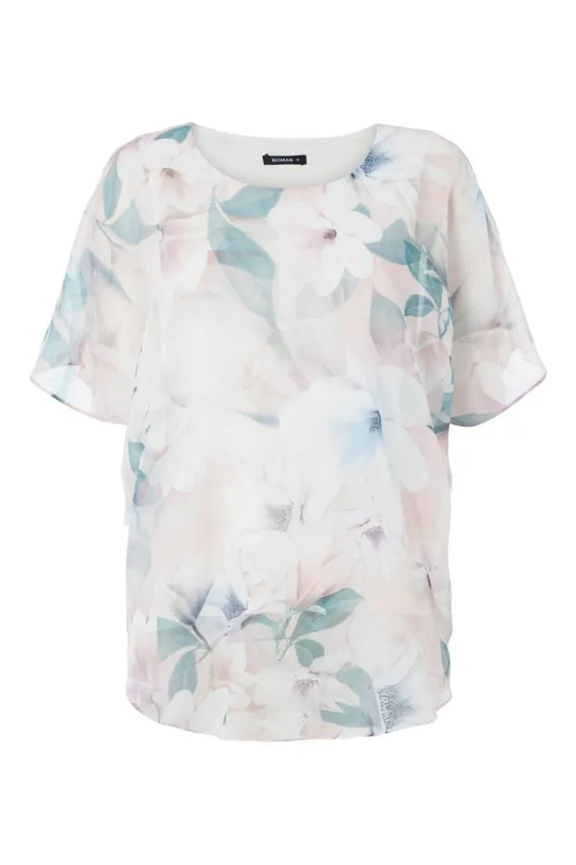 Light Pink Floral Chiffon Overlay Top Women Roman Tops