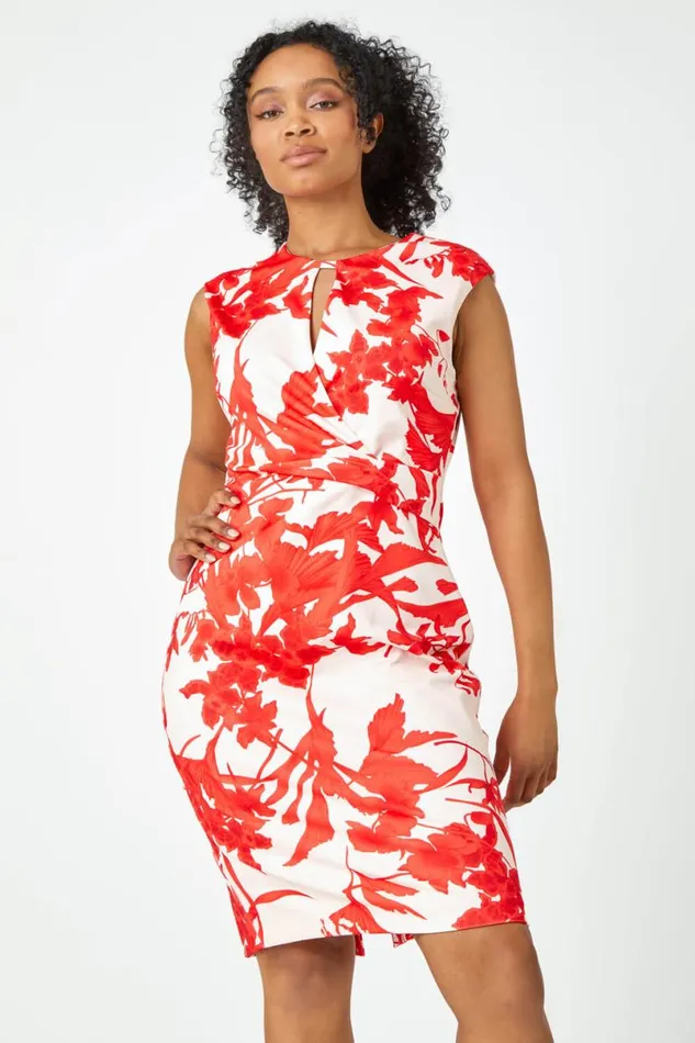 Light Pink Petite Stretch Floral Twist Ruched Dress Women Roman Dresses