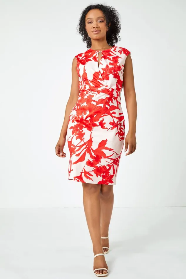 Light Pink Petite Stretch Floral Twist Ruched Dress Women Roman Dresses