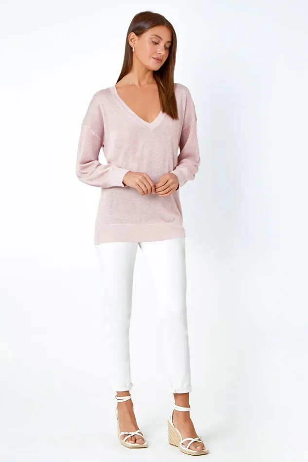 Light Pink Relaxed Stretch Shimmer VNeck Jumper Women Roman Occasionwear