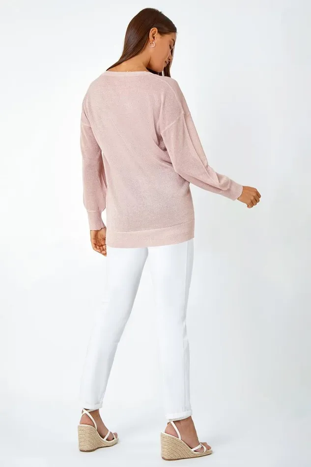 Light Pink Relaxed Stretch Shimmer VNeck Jumper Women Roman Occasionwear