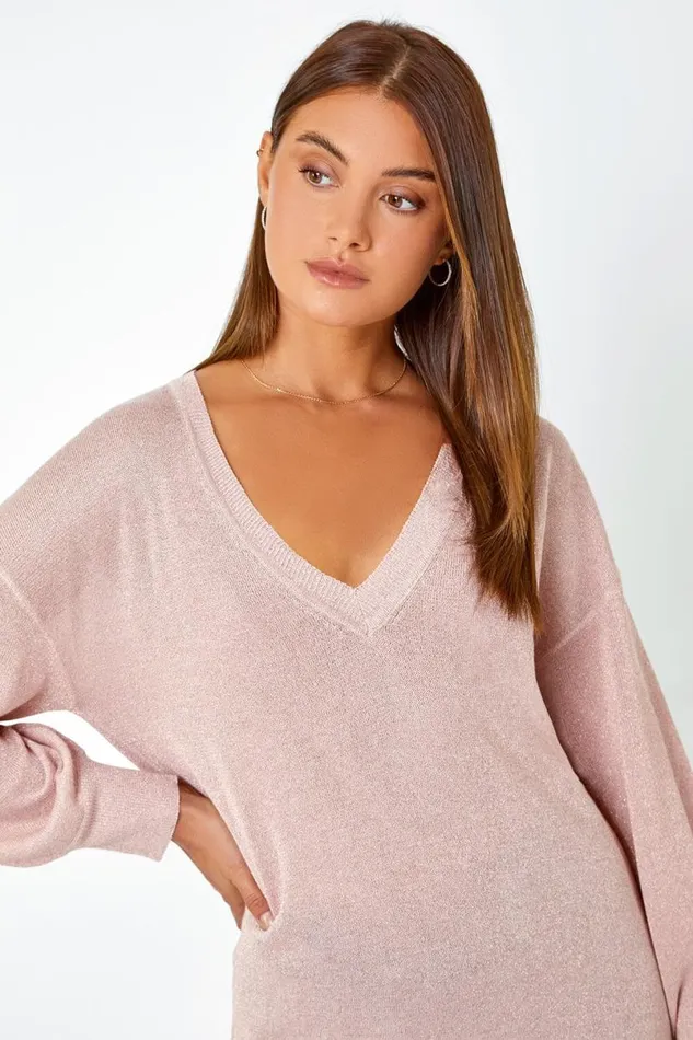 Light Pink Relaxed Stretch Shimmer VNeck Jumper Women Roman Occasionwear