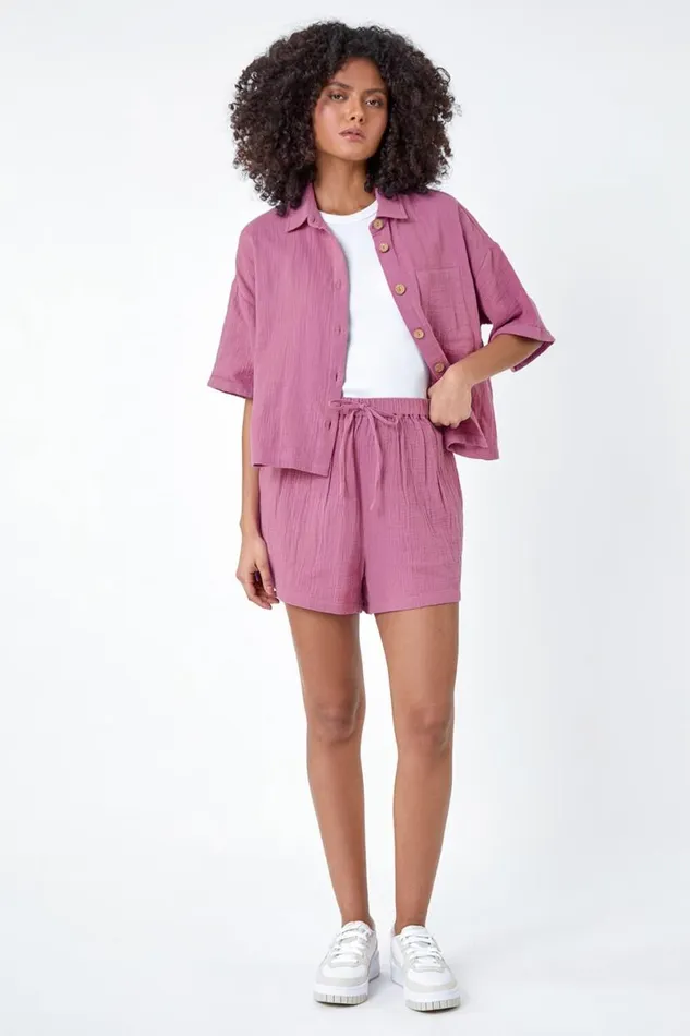 Lilac Cotton Elastic Waist Tie Detail Shorts Women Roman Shorts
