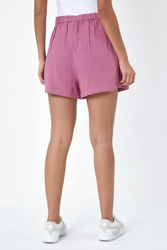 Lilac Cotton Elastic Waist Tie Detail Shorts Women Roman Shorts