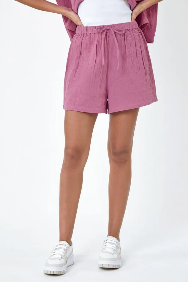 Lilac Cotton Elastic Waist Tie Detail Shorts Women Roman Shorts