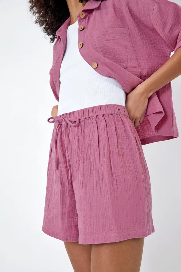 Lilac Cotton Elastic Waist Tie Detail Shorts Women Roman Shorts