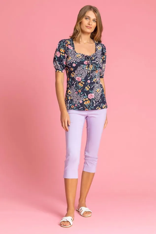 Lilac Elastic Waist Stretch Cropped Trousers Women Roman Trousers