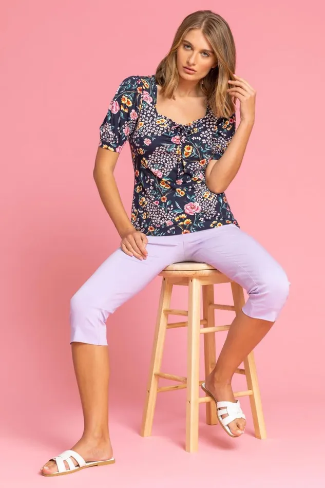 Lilac Elastic Waist Stretch Cropped Trousers Women Roman Trousers