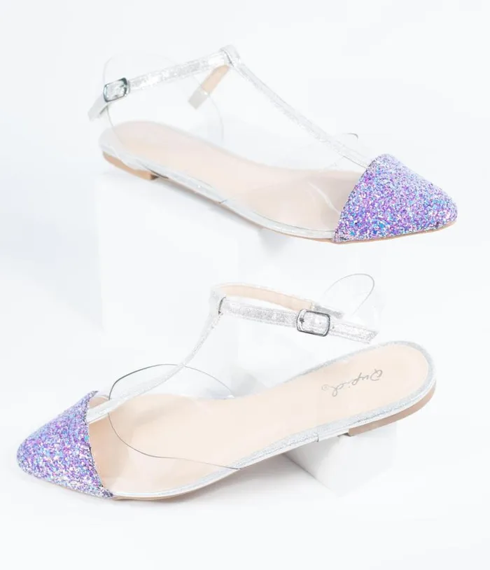 Lilac Purple Glitter and Clear Vinyl TStrap Flats Shoes Unique Vintage Flats