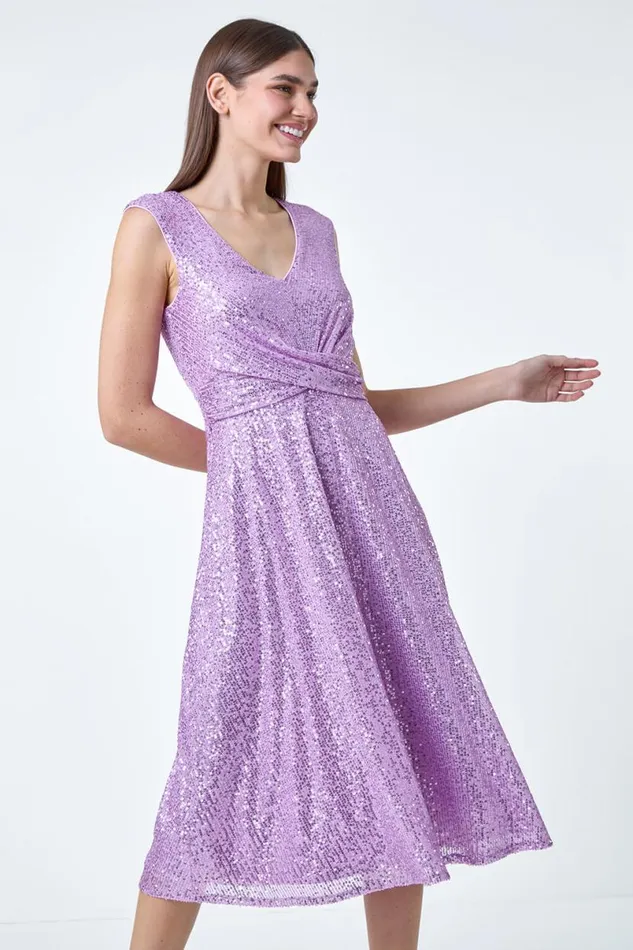 Lilac Sequin Wrap Detail Midi Dress Women Roman Dresses
