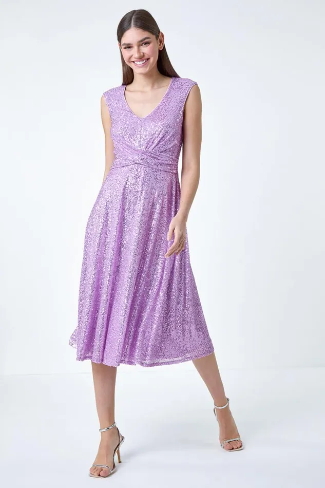 Lilac Sequin Wrap Detail Midi Dress Women Roman Dresses