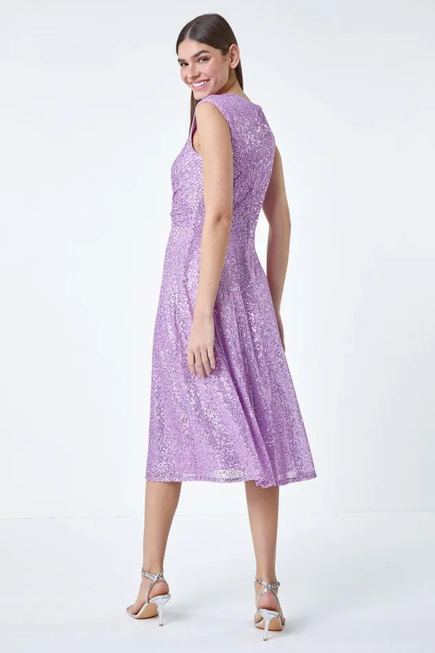 Lilac Sequin Wrap Detail Midi Dress Women Roman Dresses