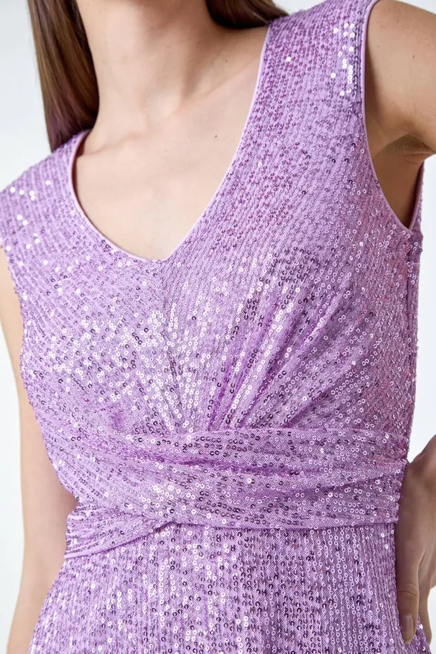 Lilac Sequin Wrap Detail Midi Dress Women Roman Dresses