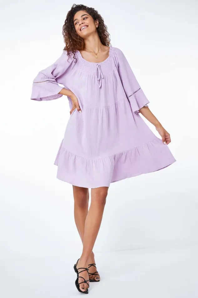Lilac Tiered Cotton Tie Detail Smock Dress Women Roman Dresses