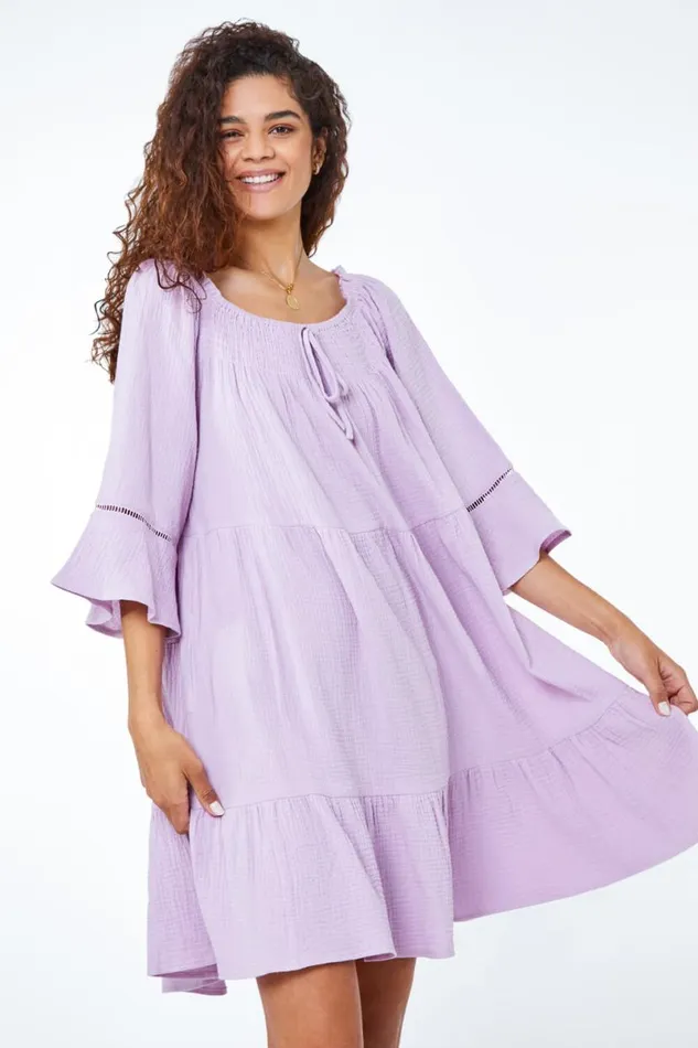 Lilac Tiered Cotton Tie Detail Smock Dress Women Roman Dresses