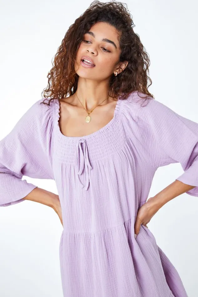 Lilac Tiered Cotton Tie Detail Smock Dress Women Roman Dresses