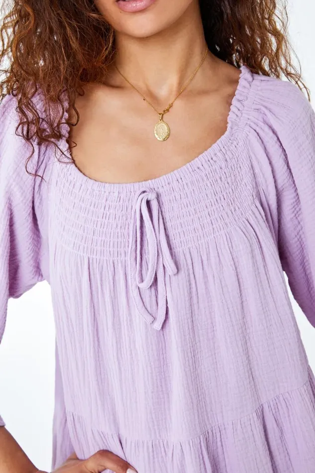 Lilac Tiered Cotton Tie Detail Smock Dress Women Roman Dresses