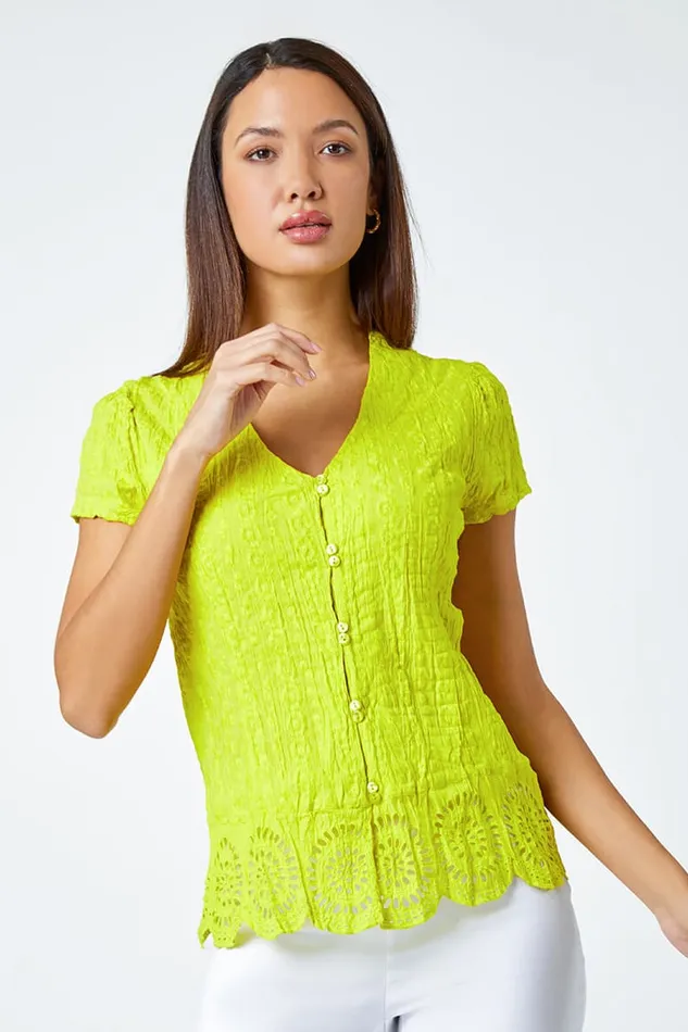 Lime Cotton Embroidered VNeck Crinkle Blouse Women Roman Tops