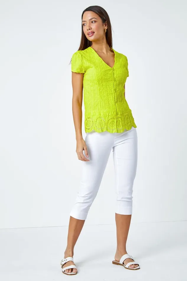 Lime Cotton Embroidered VNeck Crinkle Blouse Women Roman Tops