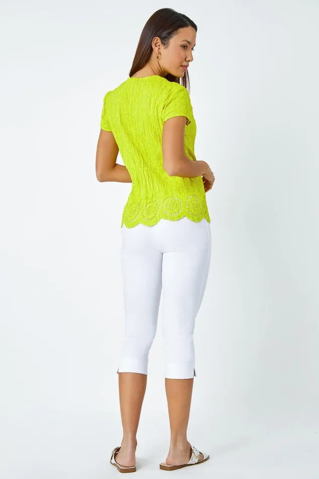Lime Cotton Embroidered VNeck Crinkle Blouse Women Roman Tops