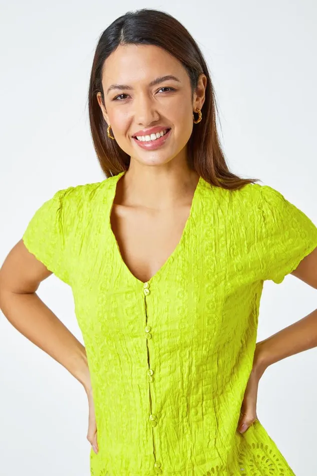 Lime Cotton Embroidered VNeck Crinkle Blouse Women Roman Tops