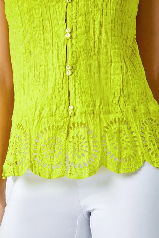 Lime Cotton Embroidered VNeck Crinkle Blouse Women Roman Tops