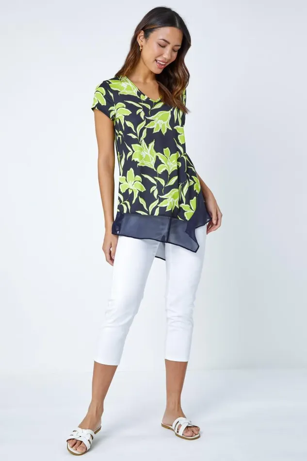 Lime Floral Print VNeck Chiffon Hem Jersey Top Women Roman Tops