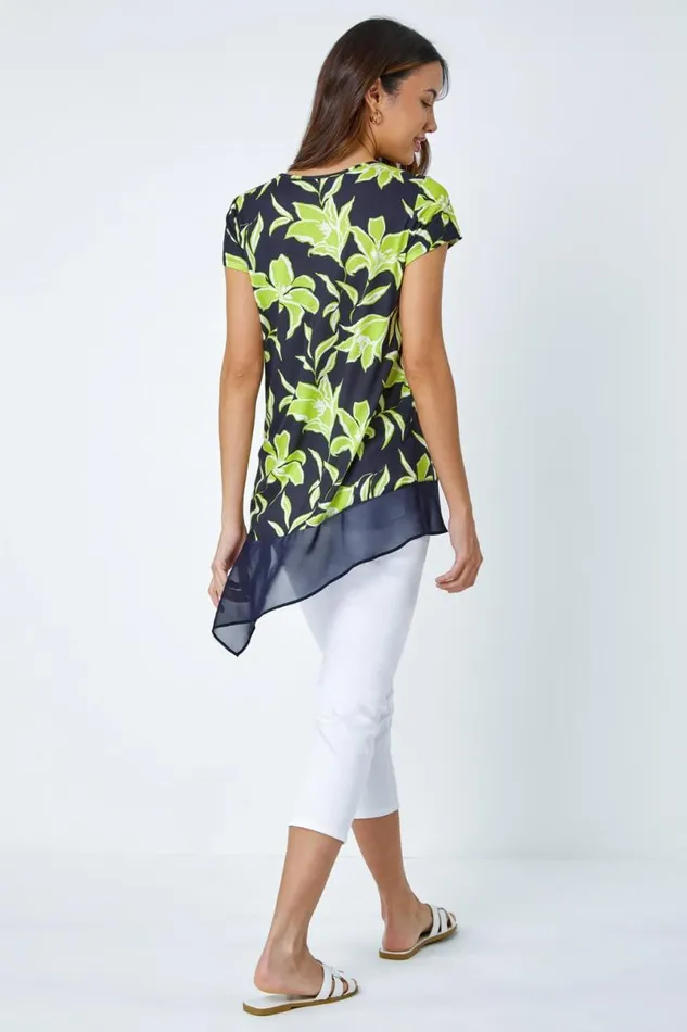 Lime Floral Print VNeck Chiffon Hem Jersey Top Women Roman Tops