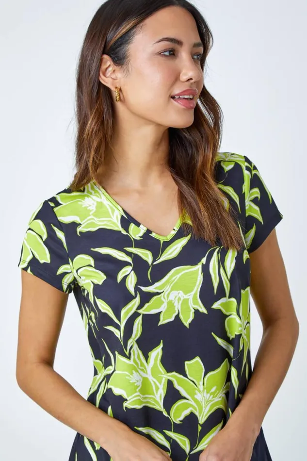 Lime Floral Print VNeck Chiffon Hem Jersey Top Women Roman Tops