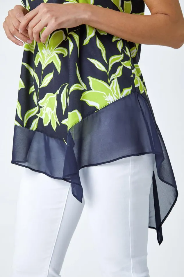 Lime Floral Print VNeck Chiffon Hem Jersey Top Women Roman Tops