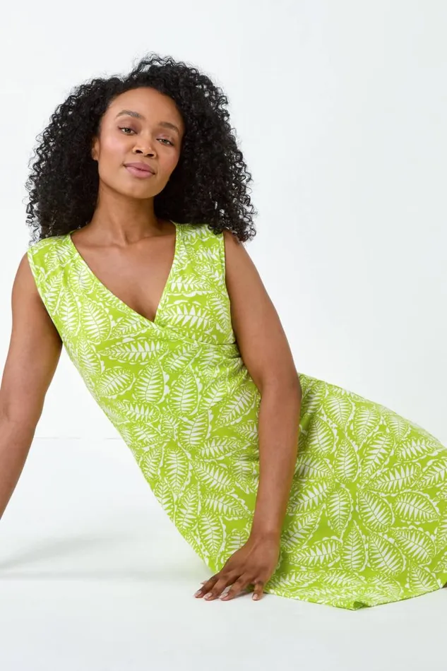 Lime Petite Leaf Print Stretch Wrap Dress Women Roman Dresses