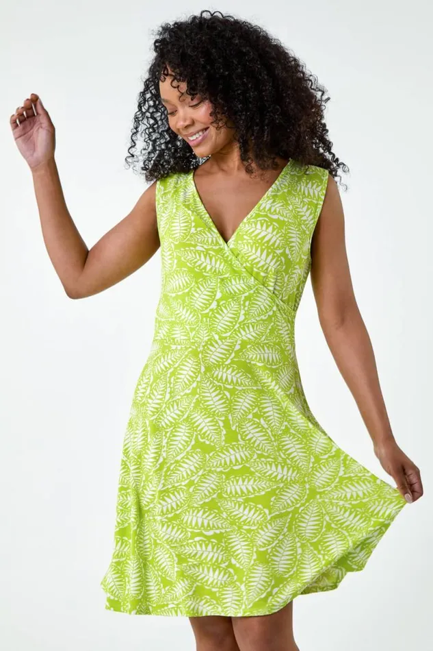 Lime Petite Leaf Print Stretch Wrap Dress Women Roman Dresses