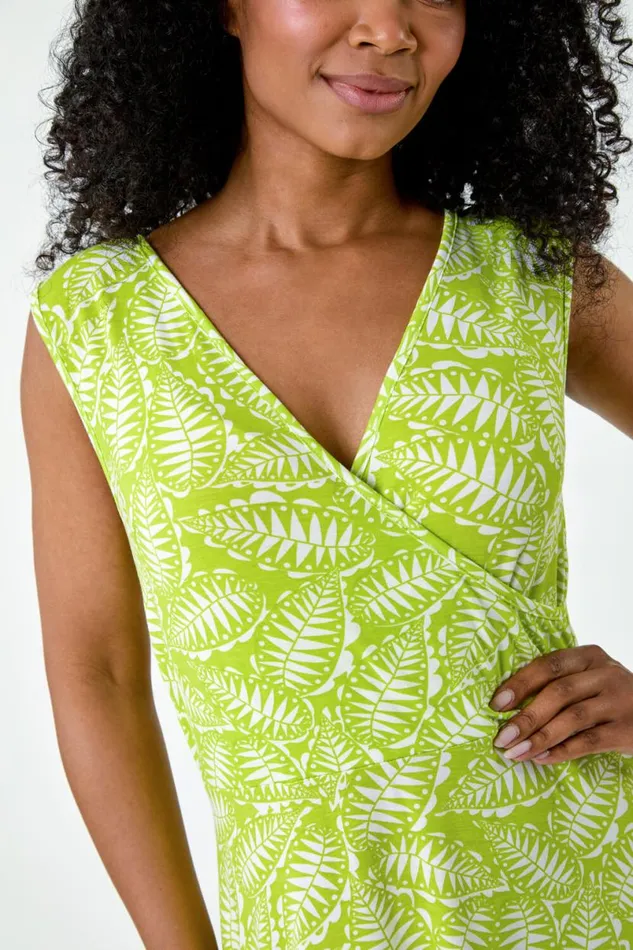 Lime Petite Leaf Print Stretch Wrap Dress Women Roman Dresses