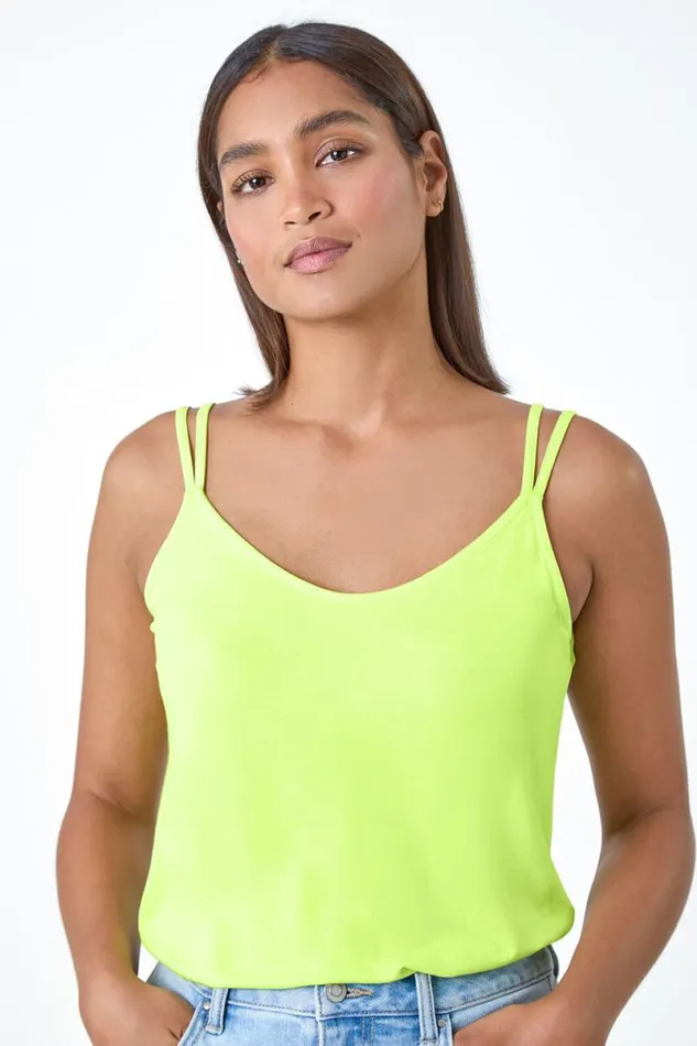 Lime Plain Double Strap VNeck Stretch Vest Top Women Roman Tops