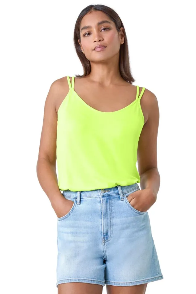 Lime Plain Double Strap VNeck Stretch Vest Top Women Roman Tops