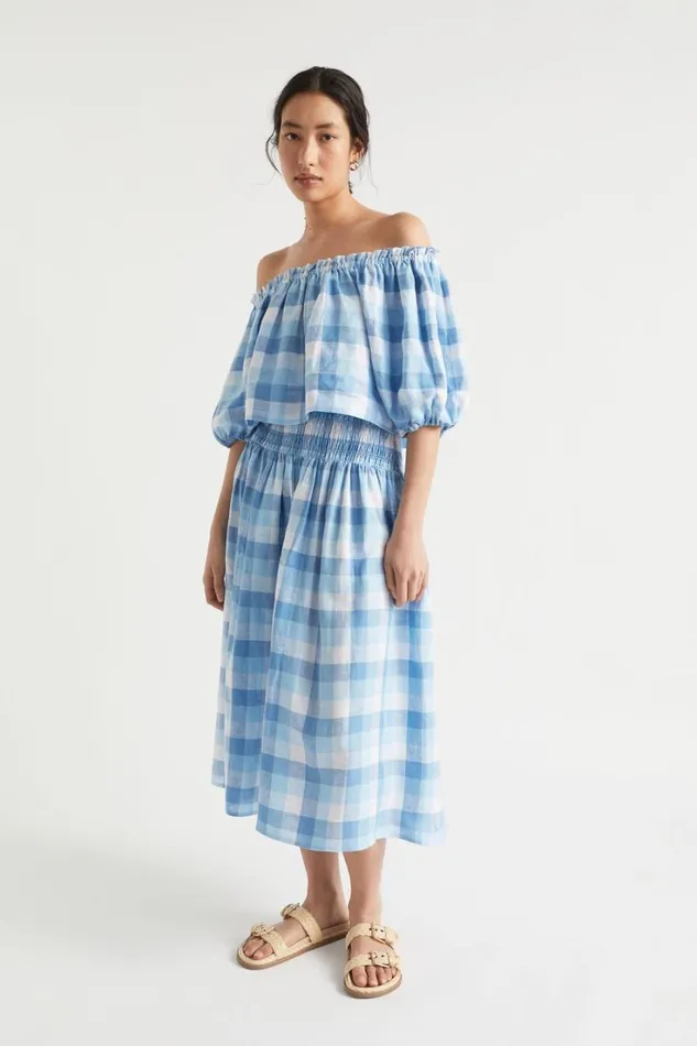 Linen Woman Seed Heritage Linen Check Shirred Skirt Deep Navy Check