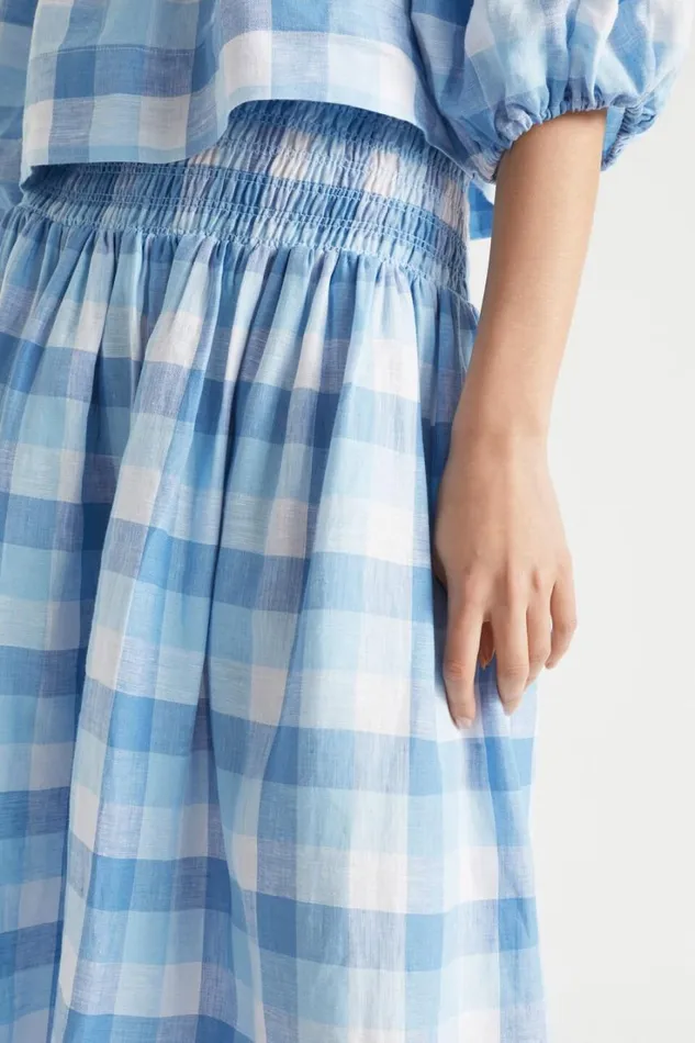 Linen Woman Seed Heritage Linen Check Shirred Skirt Deep Navy Check