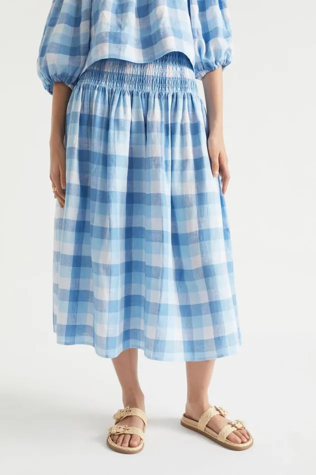 Linen Woman Seed Heritage Linen Check Shirred Skirt Deep Navy Check