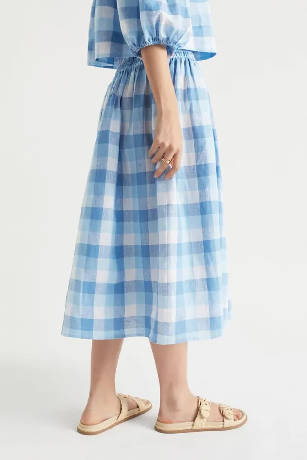 Linen Woman Seed Heritage Linen Check Shirred Skirt Deep Navy Check