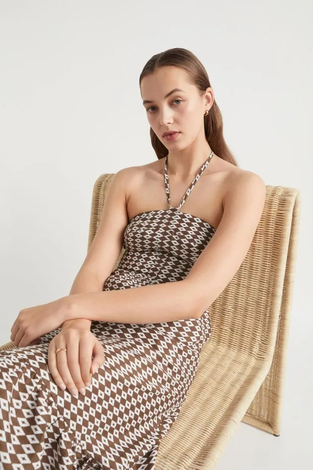 Linen Woman Seed Heritage Linen Geo Halter Midi Dress Pecan Brown Geo