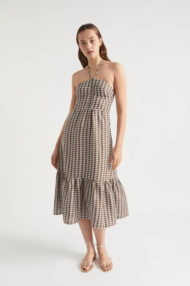 Linen Woman Seed Heritage Linen Geo Halter Midi Dress Pecan Brown Geo