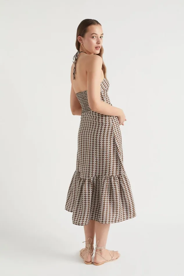 Linen Woman Seed Heritage Linen Geo Halter Midi Dress Pecan Brown Geo