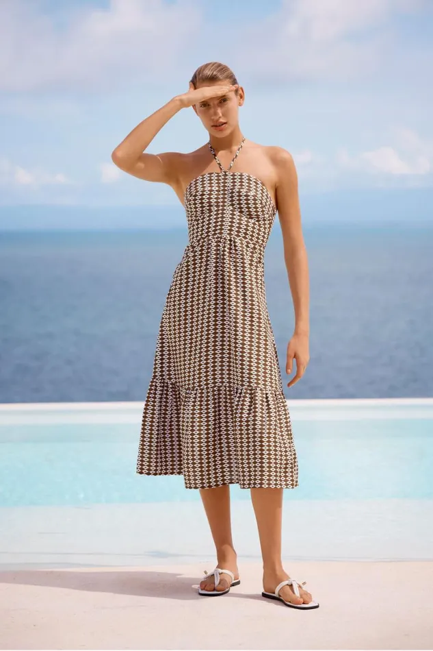 Linen Woman Seed Heritage Linen Geo Halter Midi Dress Pecan Brown Geo