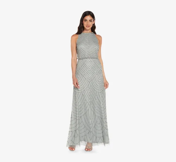 Long Dresses Womens Adrianna Papell Art Deco Beaded Blouson Dress With Halter Neckline In Blue Mist Long Dresses Womens Adrianna Papell Art Deco Beaded Blouson Dress With Halter Neckline In Blue Mist