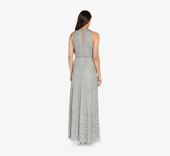 Long Dresses Womens Adrianna Papell Art Deco Beaded Blouson Dress With Halter Neckline In Blue Mist