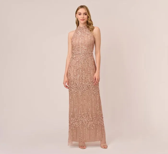 Long Dresses Womens Adrianna Papell Beaded Column Gown With Mock Neckline In Rose Gold Long Dresses Womens Adrianna Papell Beaded Column Gown With Mock Neckline In Rose Gold