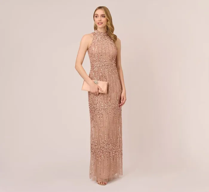 Long Dresses Womens Adrianna Papell Beaded Column Gown With Mock Neckline In Rose Gold